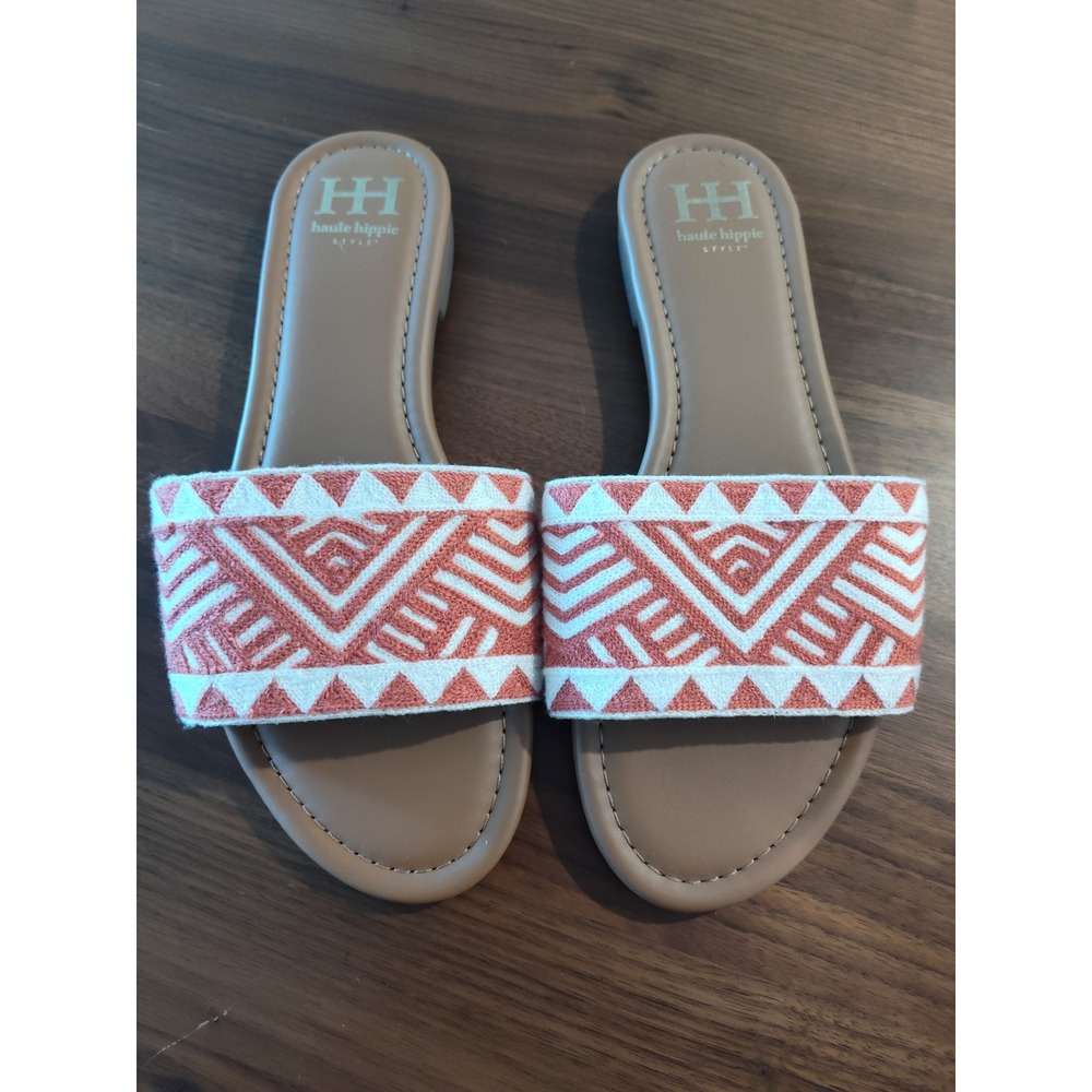 Haute Hippie Style Womens Coral White Geometric Embroidered Slide Sandals Size 9